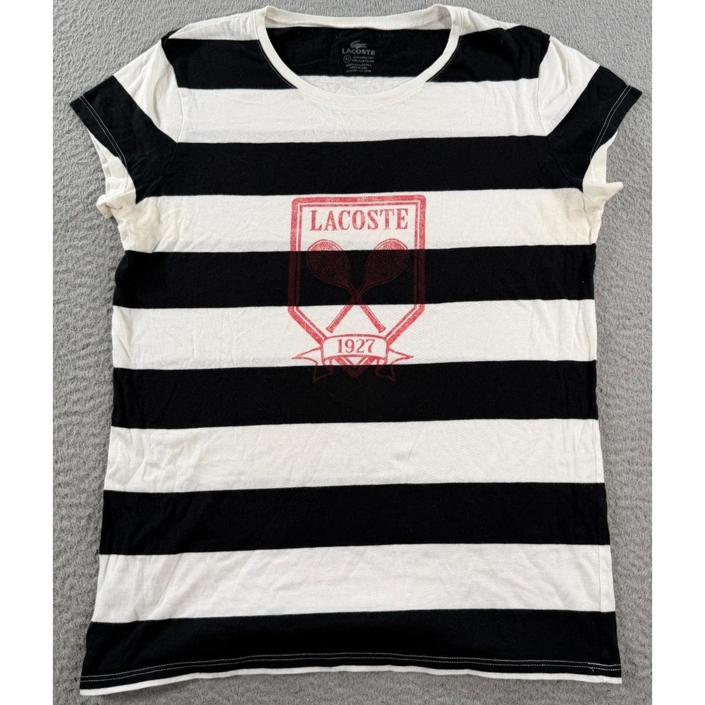 Lacoste Shirt Women 42 US Large Black White Striped Cap Sleeve Logo Graphic Tee